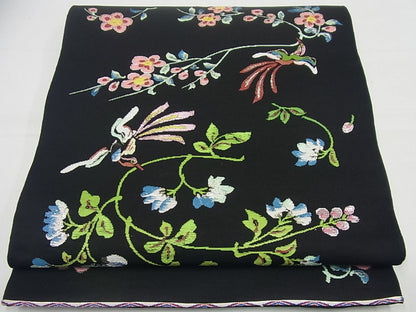 期間限定セール30％off●最高級　龍村平蔵製　本袋帯　彦花鳥錦　黒地　逸品4s751