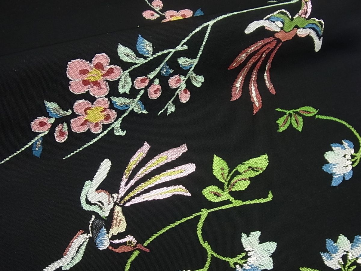 期間限定セール30％off●最高級　龍村平蔵製　本袋帯　彦花鳥錦　黒地　逸品4s751