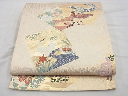 平和屋着物◎六通柄袋帯 唐織 琳派地紙花鳥文 金糸 逸品 BAAD1354vj