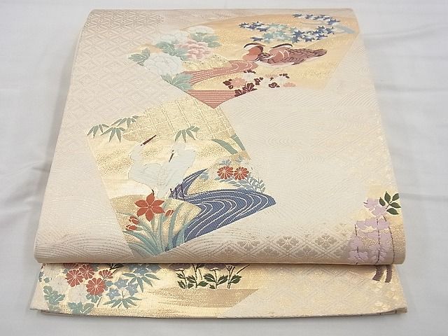 平和屋着物◎六通柄袋帯 唐織 琳派地紙花鳥文 金糸 逸品 BAAD1354vj