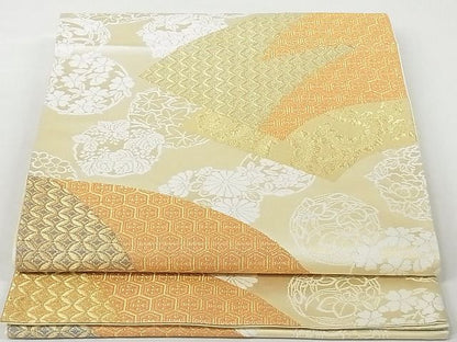 平和屋着物◎六通柄袋帯 地紙重ね花文 金糸 正絹 逸品 AAAE3524Ast