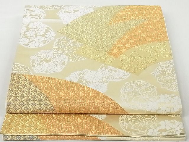平和屋着物◎六通柄袋帯 地紙重ね花文 金糸 正絹 逸品 AAAE3524Ast