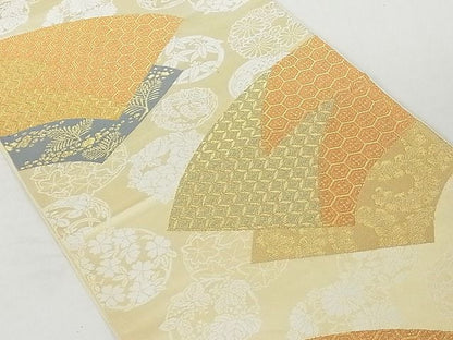 平和屋着物◎六通柄袋帯 地紙重ね花文 金糸 正絹 逸品 AAAE3524Ast