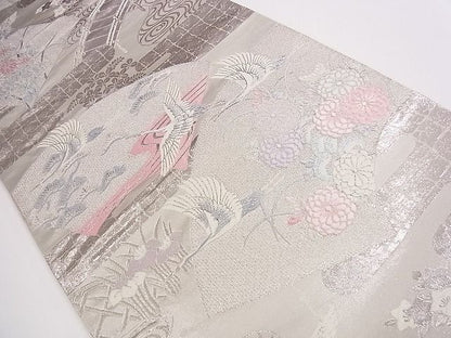 平和屋着物◎六通柄袋帯 地紙飛鶴花文 プラチナ箔 逸品 CAAB4411eg