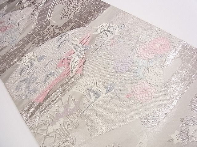平和屋着物◎六通柄袋帯 地紙飛鶴花文 プラチナ箔 逸品 CAAB4411eg
