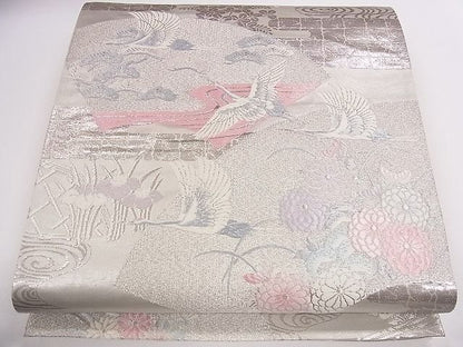平和屋着物◎六通柄袋帯 地紙飛鶴花文 プラチナ箔 逸品 CAAB4411eg
