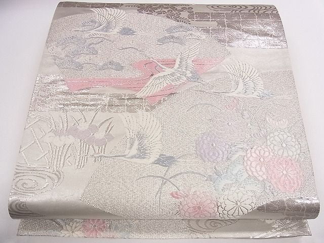 平和屋着物◎六通柄袋帯 地紙飛鶴花文 プラチナ箔 逸品 CAAB4411eg