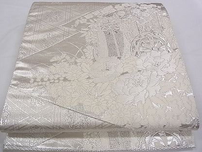 平和屋着物◎六通柄袋帯 松皮菱御所車花文 銀糸 逸品 CAAB2276dx