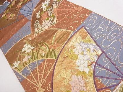 平和屋着物◎六通柄袋帯 唐織 扇面草花文 金糸 逸品 CAAB4625eg