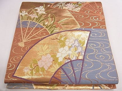 平和屋着物◎六通柄袋帯 唐織 扇面草花文 金糸 逸品 CAAB4625eg
