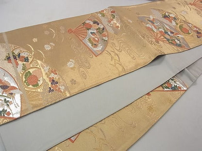 平和屋着物◎六通柄袋帯 唐織 扇面重ね流水鴛鴦花文 金銀糸 逸品 CAAB5836yk