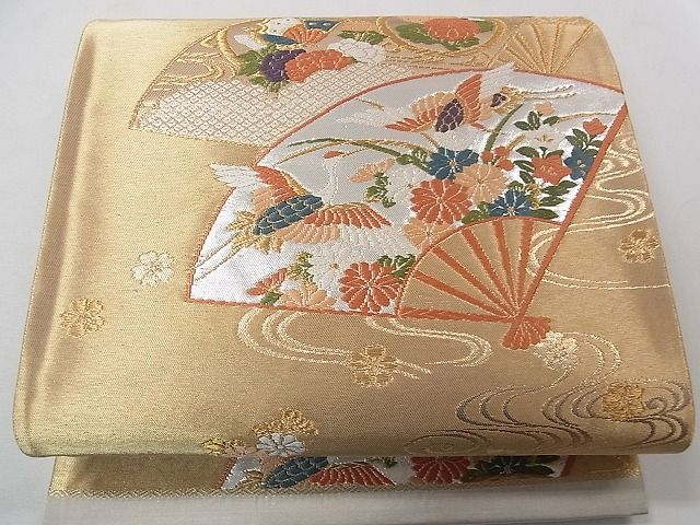 平和屋着物◎六通柄袋帯 唐織 扇面重ね流水鴛鴦花文 金銀糸 逸品 CAAB5836yk
