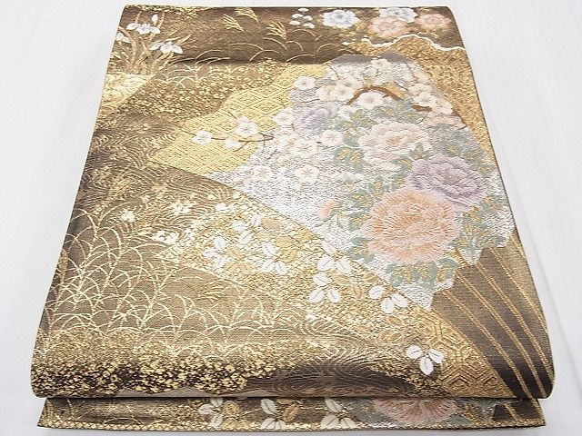 金糸・豪華な花、麻の葉模様 ・帯 平和屋着物◎六通柄袋帯 扇面蒔絵花文 金銀糸 逸品 CAAB0421fb