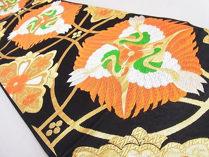平和屋着物◎六通柄袋帯 唐織 飛鶴花文 黒地 金銀糸 逸品 DAAD4078we