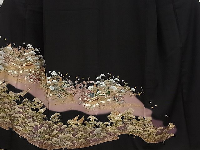 平和屋着物■豪華黒留袖　松竹梅千鳥風景花文　暈し染め　金彩　逸品　CAAC9741ze