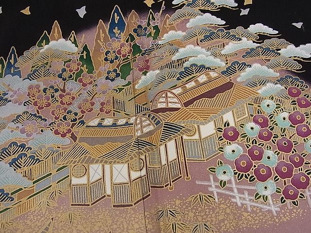 平和屋着物■豪華黒留袖　松竹梅千鳥風景花文　暈し染め　金彩　逸品　CAAC9741ze