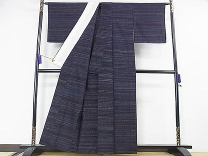 平和屋本店■希少　本場結城紬　重要無形文化財　永井千代子作　単衣　横縞　反端付き　逸品　未使用　DZAA0494kh4