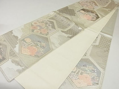 平和屋着物◎六通柄袋帯 亀甲御所車花文 プラチナ箔二重織 正絹 逸品 AAAF0474Asx