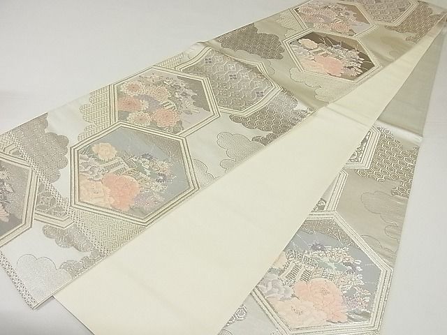 平和屋着物◎六通柄袋帯 亀甲御所車花文 プラチナ箔二重織 正絹 逸品 AAAF0474Asx