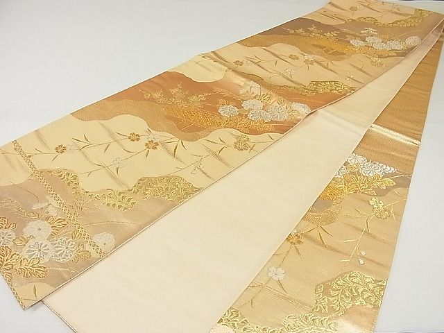 平和屋着物◎六通柄袋帯　唐織　渡橋道長風景花文　金銀糸　正絹　逸品　AAAF0472Asx