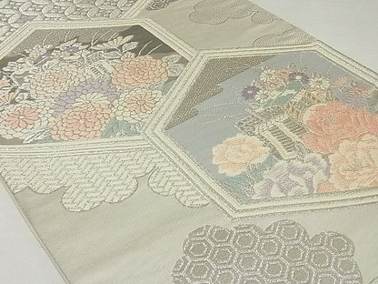 平和屋着物◎六通柄袋帯 亀甲御所車花文 プラチナ箔二重織 正絹 逸品 AAAF0474Asx