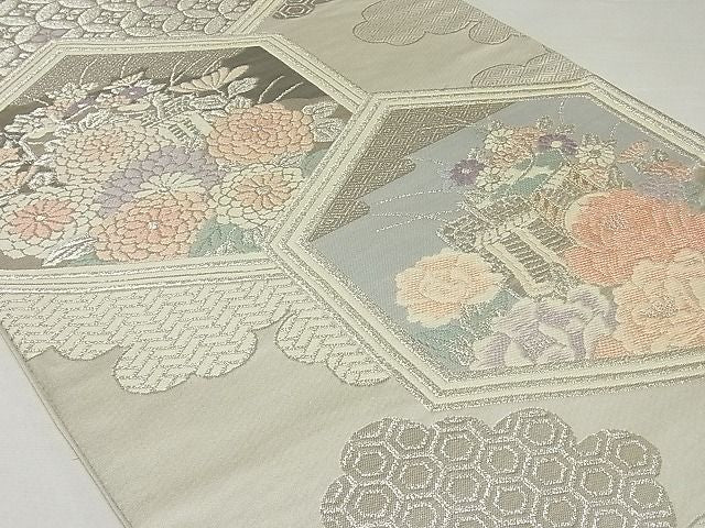 平和屋着物◎六通柄袋帯 亀甲御所車花文 プラチナ箔二重織 正絹 逸品 AAAF0474Asx