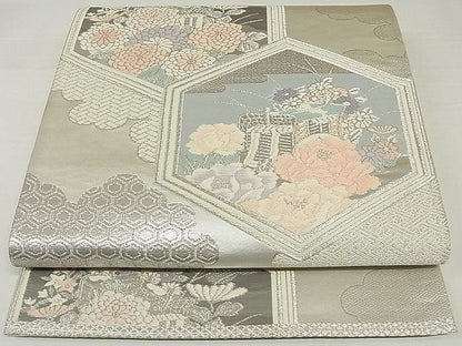 平和屋着物◎六通柄袋帯 亀甲御所車花文 プラチナ箔二重織 正絹 逸品 AAAF0474Asx