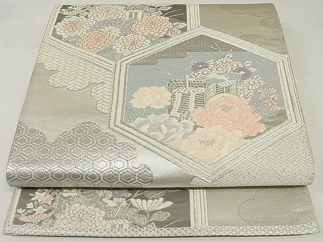 平和屋着物◎六通柄袋帯 亀甲御所車花文 プラチナ箔二重織 正絹 逸品 AAAF0474Asx