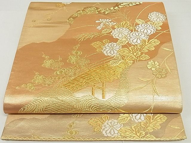 平和屋着物◎六通柄袋帯　唐織　渡橋道長風景花文　金銀糸　正絹　逸品　AAAF0472Asx