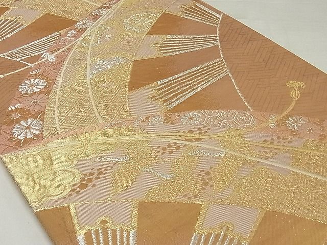 平和屋着物◎六通柄袋帯 片輪車飛鶴花文 金銀糸 正絹 逸品 AAAF0485Asx