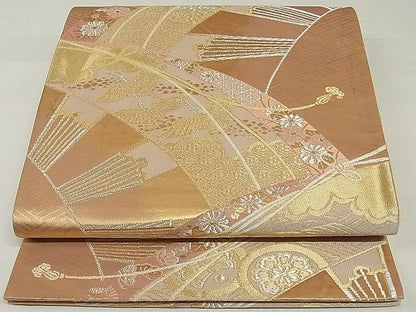 平和屋着物◎六通柄袋帯 片輪車飛鶴花文 金銀糸 正絹 逸品 AAAF0485Asx