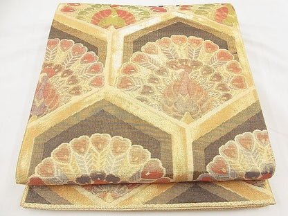 平和屋着物◎佐賀錦 六通柄袋帯 亀甲孔雀文 金糸 逸品 BAAD3049kj