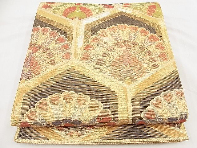 平和屋着物◎佐賀錦 六通柄袋帯 亀甲孔雀文 金糸 逸品 BAAD3049kj