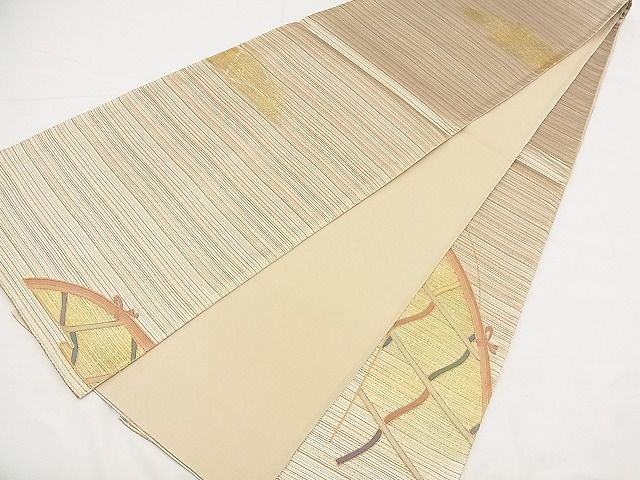 平和屋着物◎太鼓柄袋帯 駒刺繍 如水つづれ 籬 金糸 逸品 BAAE0616kj