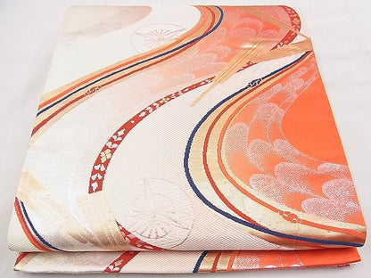 平和屋着物◎六通柄袋帯 唐織 扇流し 金糸 逸品 BAAE0003hz
