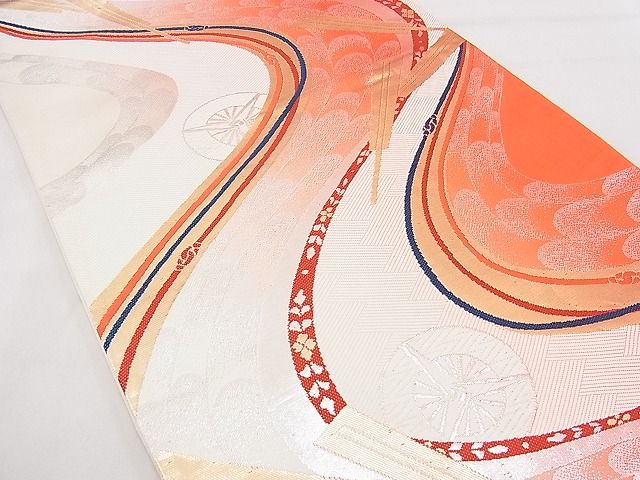 平和屋着物◎六通柄袋帯 唐織 扇流し 金糸 逸品 BAAE0003hz