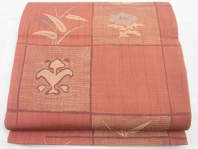 平和屋着物◎六通柄袋帯 格子草花文 金糸 逸品 BAAD5283vj
