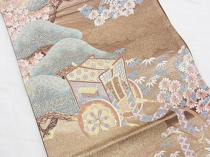 平和屋着物◎六通柄袋帯 唐織 御所車浜松草花文 金糸 逸品 BAAD7889vj
