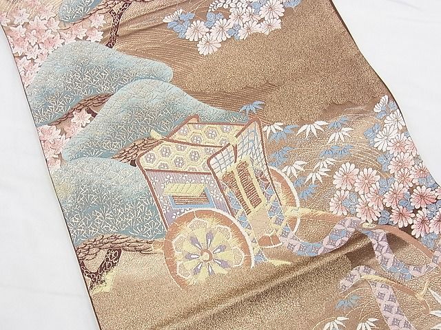 平和屋着物◎六通柄袋帯 唐織 御所車浜松草花文 金糸 逸品 BAAD7889vj