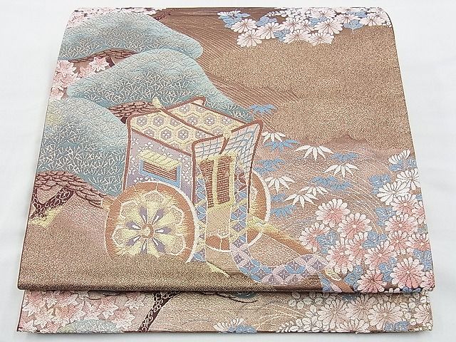 平和屋着物◎六通柄袋帯 唐織 御所車浜松草花文 金糸 逸品 BAAD7889vj