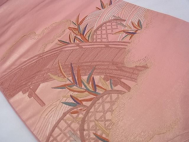 平和屋着物◎太鼓柄袋帯 総刺繍 渡橋青海波柳文 金糸 逸品 BAAD3196ph