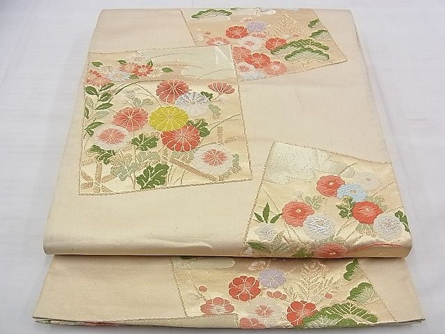 平和屋着物◎六通柄袋帯 唐織 色紙散らし草花文 金糸 逸品 BAAE1126du