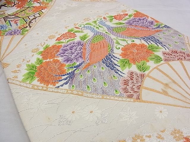 平和屋着物◎西陣 六通柄袋帯 唐織 扇面孔雀花文 金銀糸 逸品 BAAE1144du