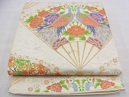 平和屋着物◎西陣 六通柄袋帯 唐織 扇面孔雀花文 金銀糸 逸品 BAAE1144du