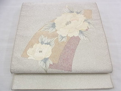 平和屋着物◎太鼓柄袋帯 刺繍 地紙牡丹文 銀糸 逸品 BAAE1142du