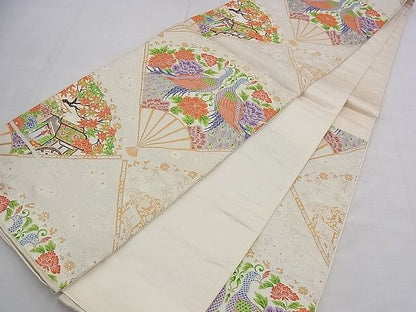 平和屋着物◎西陣 六通柄袋帯 唐織 扇面孔雀花文 金銀糸 逸品 BAAE1144du