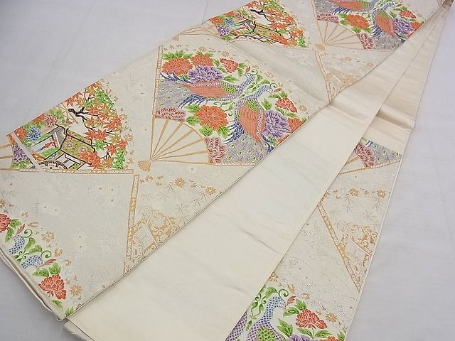 平和屋着物◎西陣 六通柄袋帯 唐織 扇面孔雀花文 金銀糸 逸品 BAAE1144du