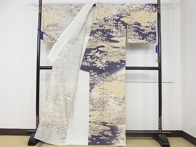 平和屋本店▽極上 染織の名門 しょうざん 生紬 訪問着 単衣 雲取り風景花文 証紙付き 逸品 CZAA0061s4