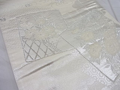 平和屋着物◎六通柄袋帯 唐織 美保姿 色紙散らし花文 銀糸 逸品 BAAD9173ea