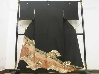 平和屋着物■豪華黒留袖　駒刺繍　扇面草花文　金銀彩　逸品　DAAD7046ud